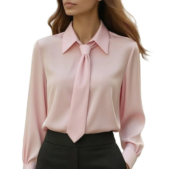Prolriy Womens Blouses Women's Casual Satin Blouse, Long Sleeve Button down Shirts for Women Pink M