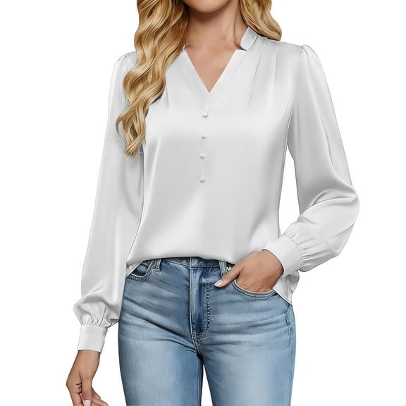Prolriy Womens Blouses, Women's Elegant Satin Blouse with Pleated V-Neck and Long Sleeves Shirts for Women White L