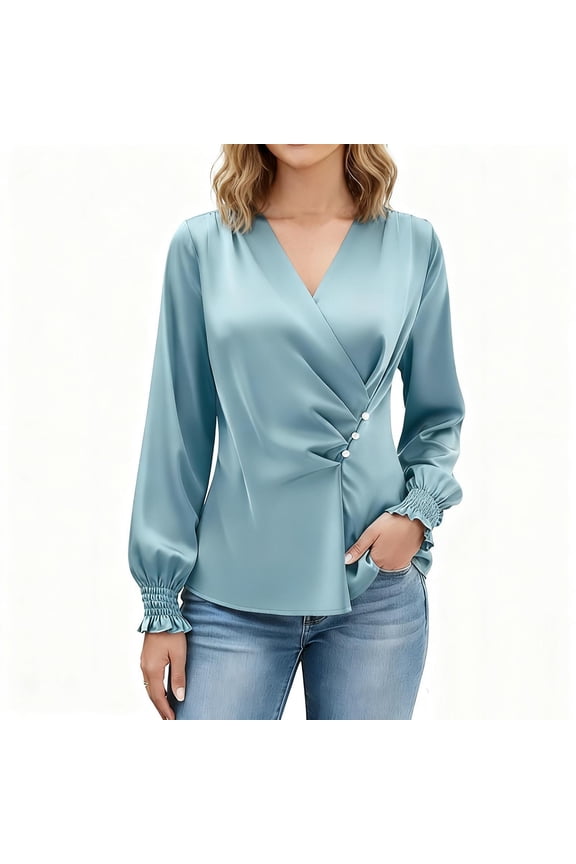Womens Blouses, Women's Satin Silk Blouses Wrap V Neck Puff Long Sleeve Shirts Casual Work Shirts for Women Light Blue XL