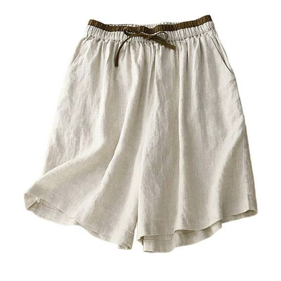 Prolriy Womens Boxer Shorts, Spliced Elastic Waist Tie Cotton and Linen Wide Leg Pants Shorts for Women Loose 2025 Summer New Casual Five Point Pants Womens Shorts Beige L