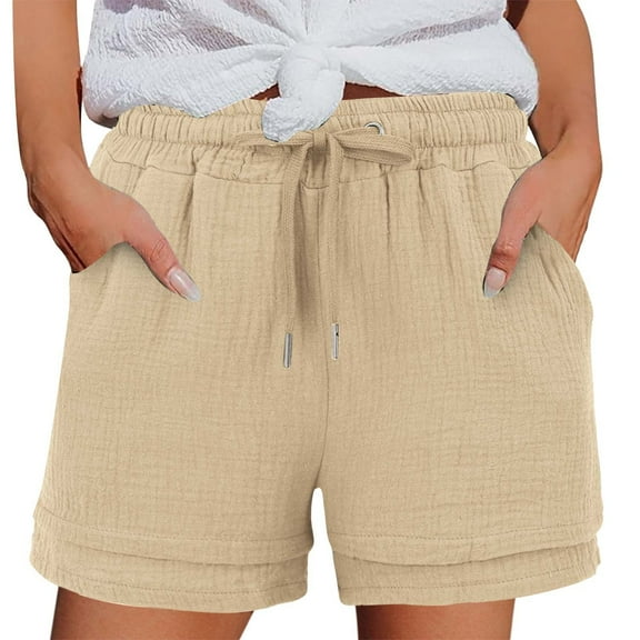 Prolriy Womens Boxer Shorts Women's Fashionable and Casual Solid Color Wrinkle Cloth High Waist Pocket Shorts Womens Shorts Khaki M