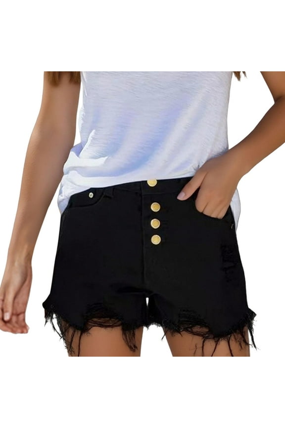 Womens Jean Shorts, Women's Ripped Pocket Jeans with Rolled Edge Casual Shorts Plus Size Shorts Black L