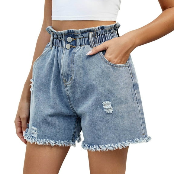 Prolriy Womens Jean Shorts, Women's Summer Ripped Water Washing Elastic Waist Denim Flower Bud Shorts Trendy Jeans Boxer Shorts for Women Blue XXL