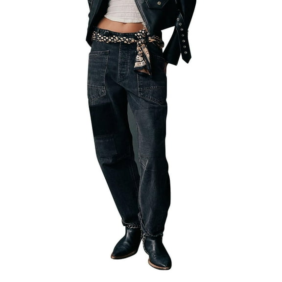 Prolriy Womens Jeans, Mid Barrel Jeans for Women Wide Leg Mid Waist Cropped Denim Pants Y2K Baggy Jeans with Pockets Women's Pants C L