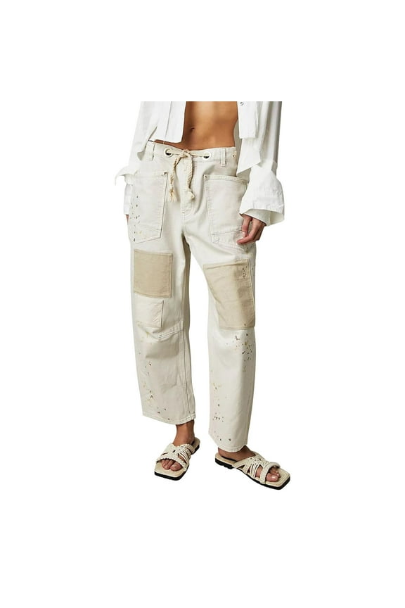 Womens Jeans, Mid Barrel Jeans for Women Wide Leg Mid Waist Cropped Denim Pants Y2K Baggy Jeans with Pockets Women's Pants L L