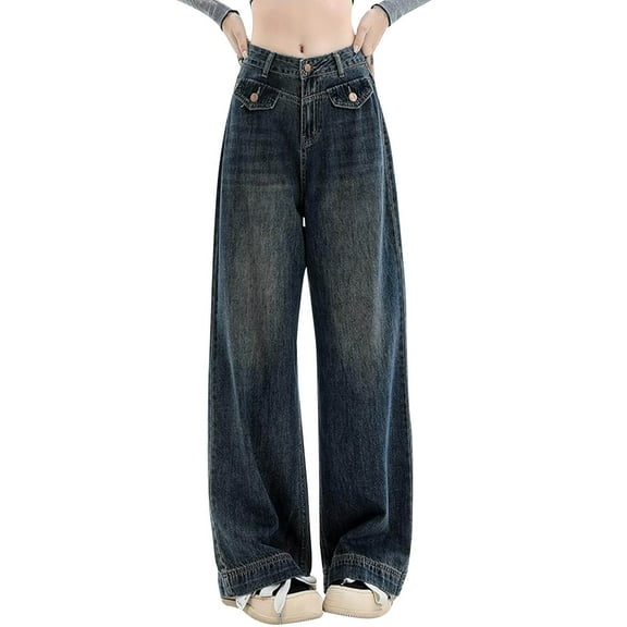 Prolriy Womens Jeans Women's Retro Wide Leg Jeans for Women in Autumn 2025 Waist Slim Loose Design Straight Leg Tread Jeans Women's Pants Dark Blue XXXL