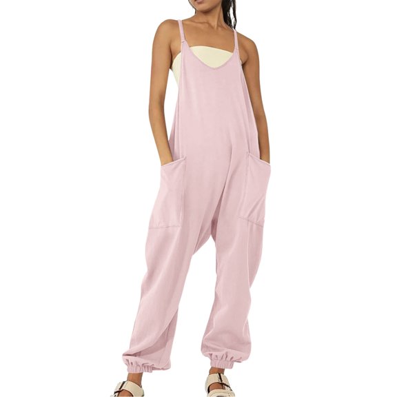 Prolriy Womens Jumpsuit, Womens Casual Summer Jumpsuit Sleeveless Loose Solid Color Comfortable Strap Loose Jumpsuit Pocket Jumpsuit for Women Vacation Outfits for Women Pink S