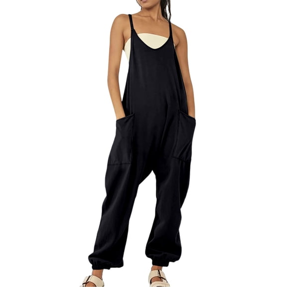 Prolriy Womens Jumpsuit, Womens Casual Summer Jumpsuit Sleeveless Loose Solid Color Comfortable Strap Loose Jumpsuit Pocket Jumpsuit for Women Vacation Outfits for Women Black M