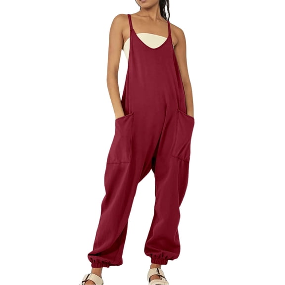 Prolriy Womens Jumpsuit, Womens Casual Summer Jumpsuit Sleeveless Loose Solid Color Comfortable Strap Loose Jumpsuit Pocket Jumpsuit for Women Vacation Outfits for Women Red L