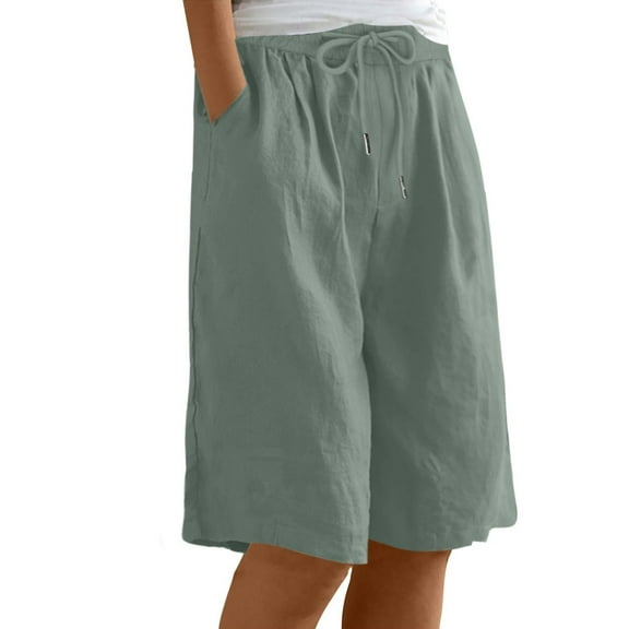 Prolriy Womens Linen Shorts, Casual Summer Knee Length Wide Leg High Waisted Elastic with Pockets Womens Shorts Mint Green S