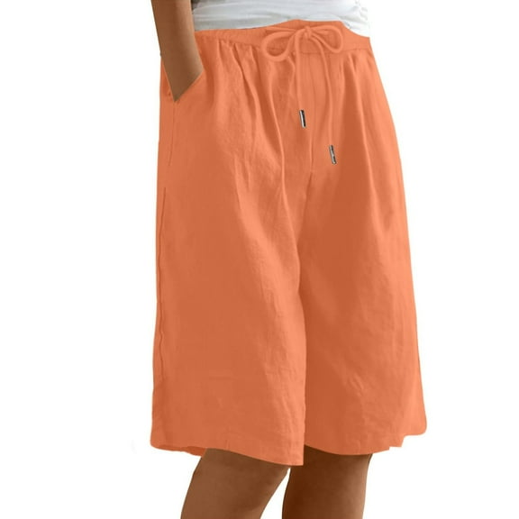 Prolriy Womens Linen Shorts, Casual Summer Knee Length Wide Leg High Waisted Elastic with Pockets Womens Shorts Orange XXL