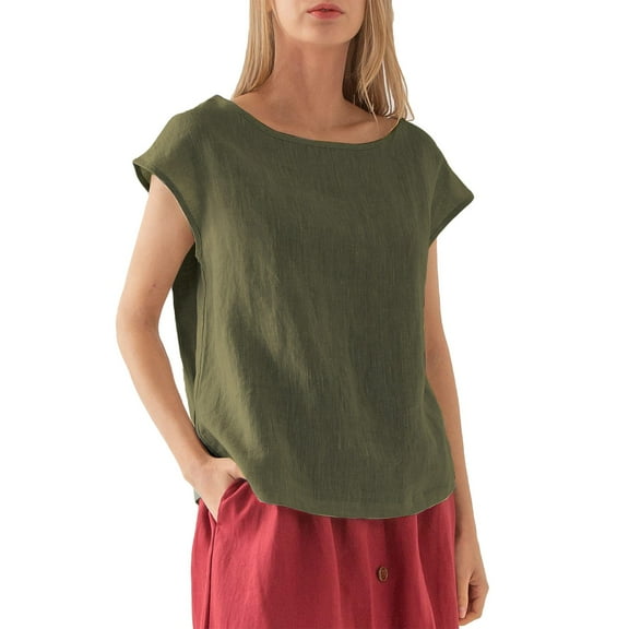 Prolriy Womens Linen Tops Sale, Cotton and Linen Short Sleeved Round Neck Womens T Shirts Casual Tops Summer Tops for Women 2025 Shirts for Women Green XXXL