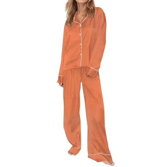 Prolriy Womens Pajamas, Autumn and Winter Long Sleeve Button down Sleepwear Nightwear Lounge Sets for Women Orange S