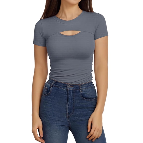 Prolriy Womens Shirts, Women's Cutout Tops Basic Long Sleeve Round Neck Slim Fit T Shirts Womens Tops Summer Tops Grey S