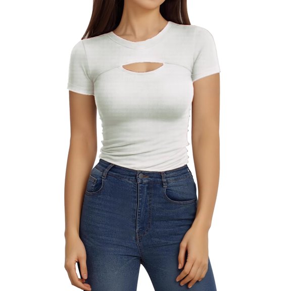 Prolriy Womens Shirts, Women's Cutout Tops Basic Long Sleeve Round Neck Slim Fit T Shirts Womens Tops Summer Tops White M
