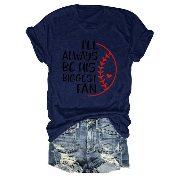 Prolriy Womens Shirts, Women's Spring/Summer Baseball Print Loose T Shirt Short Sleeve Top Summer Tops for Women Navy S