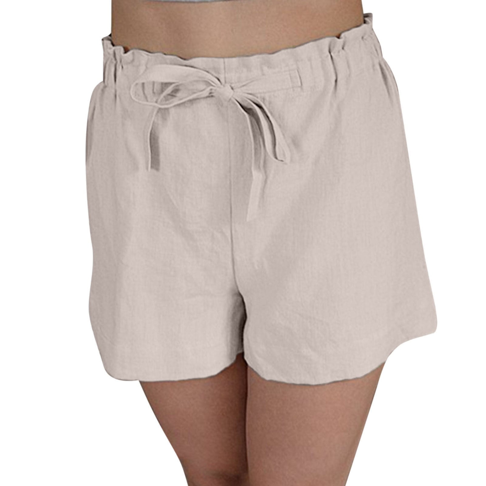 Womens Shorts Casual New Women's Elastic Waist Wide Leg Imitation Cotton and Linen Casual Shorts Women's Shorts Beige L