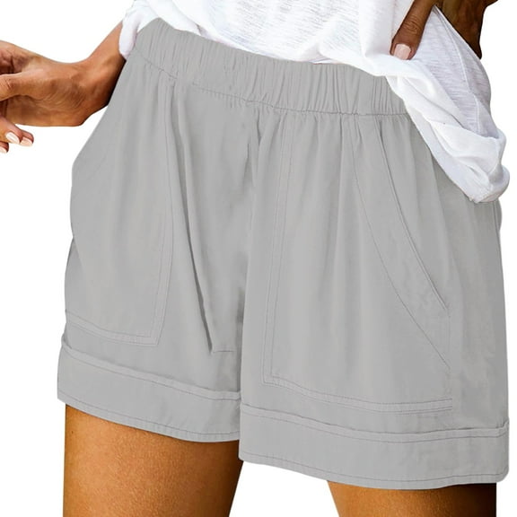 Prolriy Womens Summer Shorts, Women's Linen Cotton Shorts High Waist Casual Loose Fit Summer Beach Elastic Waistband with Pockets Womens Shorts Grey S
