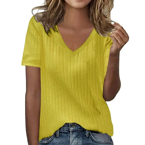 Prolriy Womens Summer Tops Knitted Short Sleeved Women's Slim and Versatile Striped Shirt Solid Color Knitted Sweater Summer Shirts for Women Yellow S