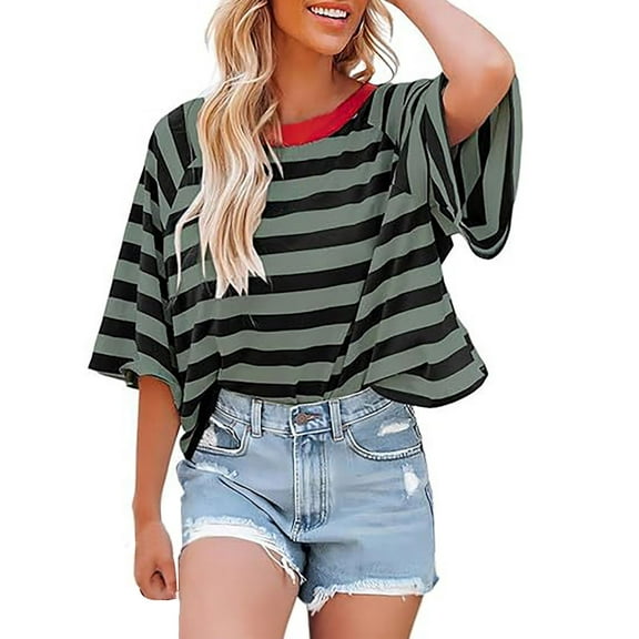 Prolriy Womens Summer Tops Women's 2025 European and American Summer Short Sleeved Striped T Shirt Short Sleeved Color Matching Design Loose Basic T Shirt Top Summer Shirts for Women L