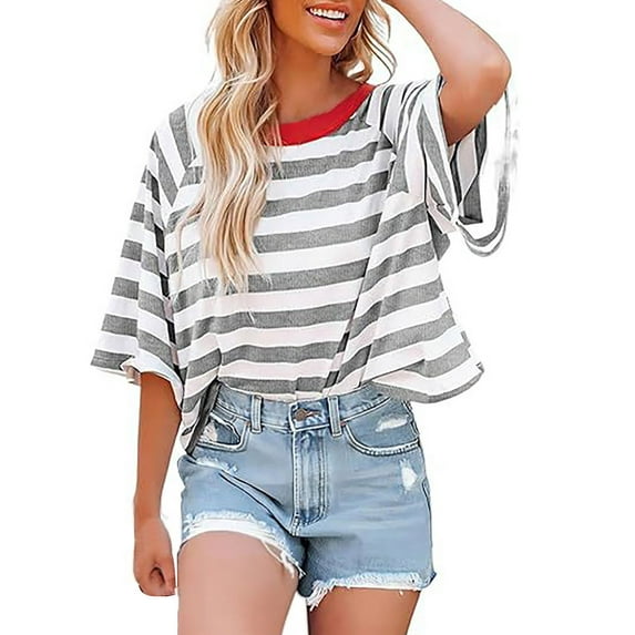 Prolriy Womens Summer Tops Women's 2025 European and American Summer Short Sleeved Striped T Shirt Short Sleeved Color Matching Design Loose Basic T Shirt Top Summer Shirts for Women Grey S