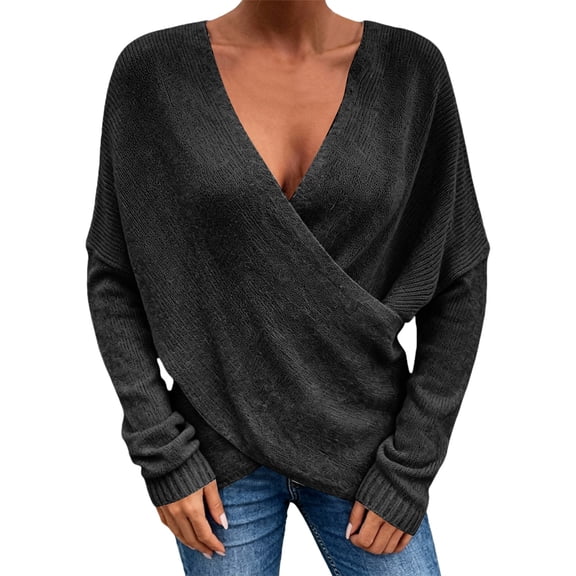 Prolriy Womens Sweaters, Women's Oversized Knit Pullover with Wrap V-Neck for Fall and Winter Sweaters for Women Black S