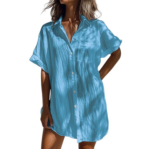 Prolriy Womens Tops Linen Shirts for Women, Women's Casual Short Sleeved Regular Long Cardigan Multi Color Shirt Summer Tops for Women Sky Blue L