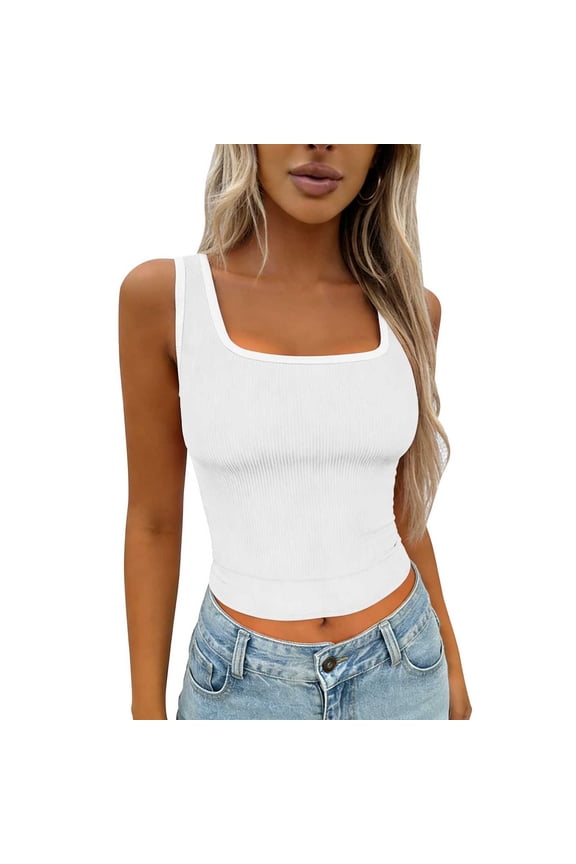 Womens Tops Women's Basic Ribbed Tank Top with Square Neck, Backless Design Tank Tops for Women White XL