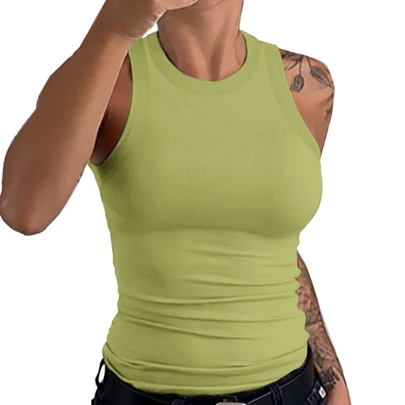 Prolriy Womens Tops Women's Casual Racerback Tank Top, High Neck Ribbed Cotton Tank Tops for Women Green2 XXL