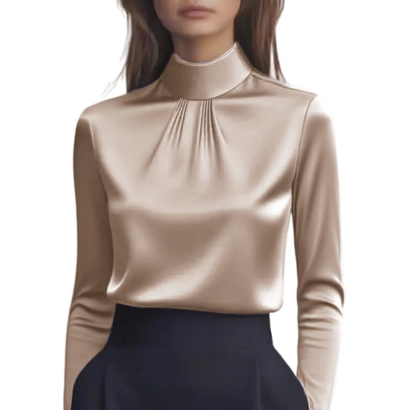 Prolriy Womens Tops, Women's Elegant Cowl Neck Blouse in Satin, Long Sleeve Work Top Shirts for Women Khaki L