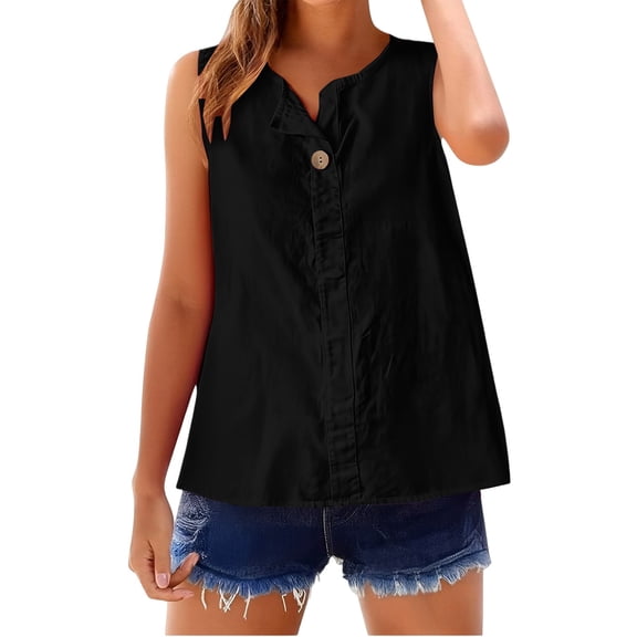Prolriy Womens Tops, Women's Lightweight Cotton Linen Tank Top, Button down Sleeveless Blouse Tank Tops for Women Black XL