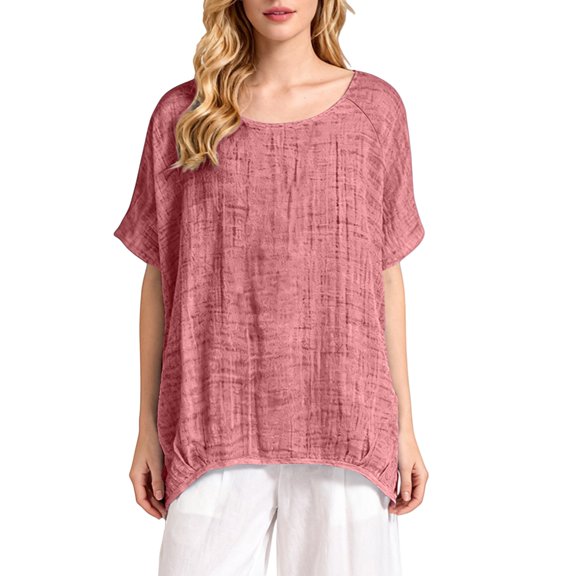 Prolriy Womens Tops, Women's Summer Casual Top, Short Sleeve Loose Linen Shirt Shirts for Women Red XXXXL