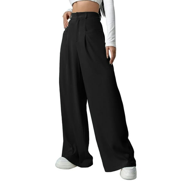 Prolriy Work Pants Women Wide Leg Pants Woman, Womens Casual Wide Leg Dress Pants Women High Waist Tailored down Trousers with Pockets Women's Pants Black S