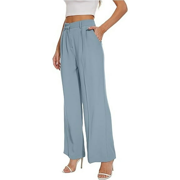 Prolriy Work Pants Women, Wide Leg Pants Women's High Elastic Waisted in The Back Business Work Trousers Long Straight Suit Pants Women's Pants Blue M