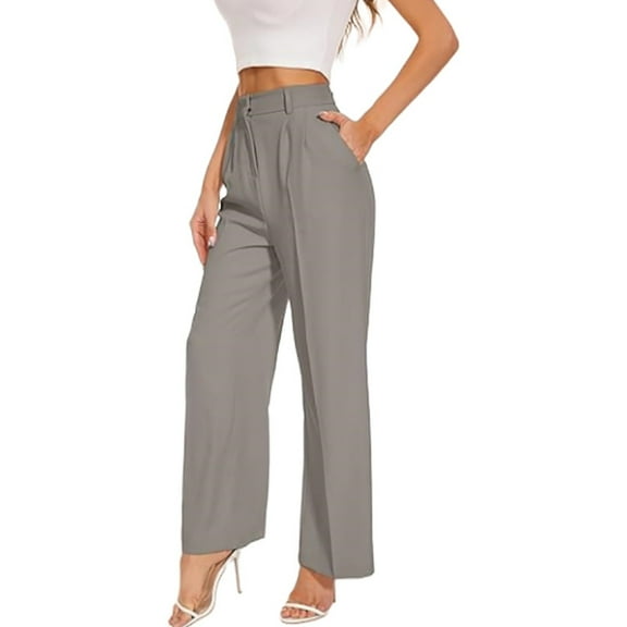 Prolriy Work Pants Women, Wide Leg Pants Women's High Elastic Waisted in The Back Business Work Trousers Long Straight Suit Pants Women's Pants Grey XS