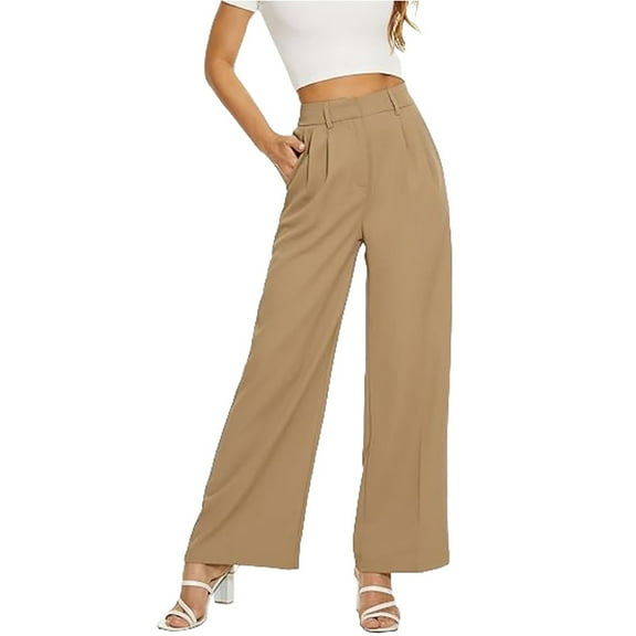 Prolriy Work Pants Women, Wide Leg Pants Women's High Elastic Waisted in The Back Business Work Trousers Long Straight Suit Pants Women's Pants Khaki XS