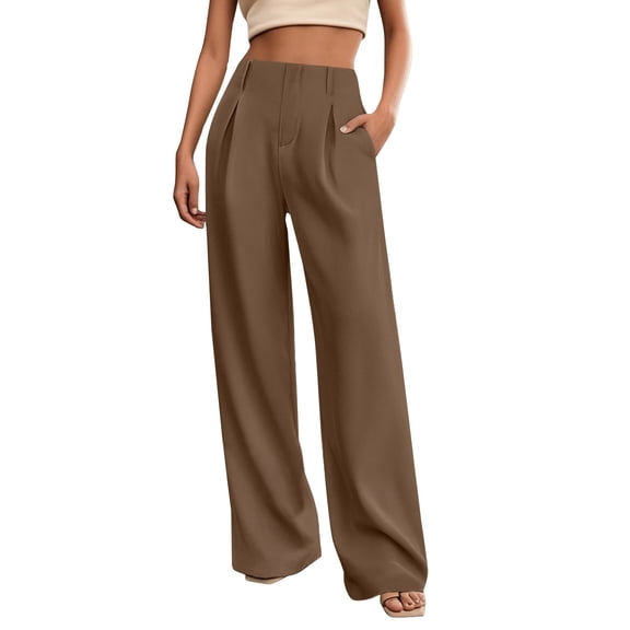 Prolriy Work Pants Women, Women's Solid Color Long Pants Straight Leg Loose Temperament Casual Pants Daily Commuting Trousers Business Casual Pants for Women Brown L