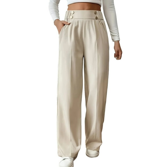 Prolriy Work Pants Women, Women's Wide Leg Dress Pants High Elastic Waist Business Casual Work Trousers with Pockets Women's Pants Beige L
