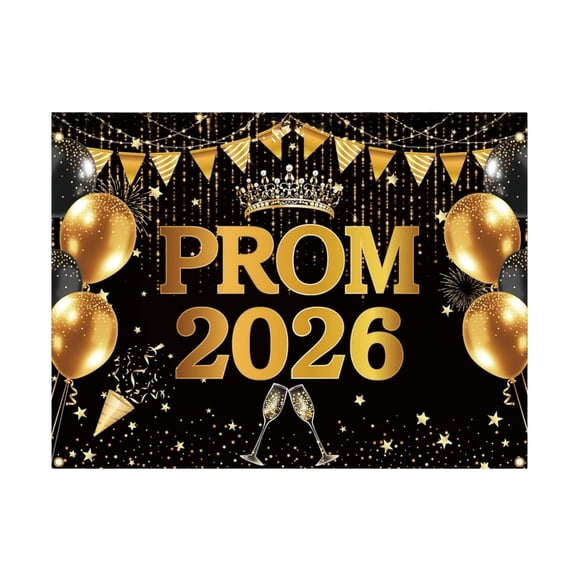 Prom 2026 Backdrop Black and Gold, Congrats Grad Banner Graduation Party Decorations for Photography Indoor Outdoor Photo Booth Prop Send Off 2026 Celebration Scene