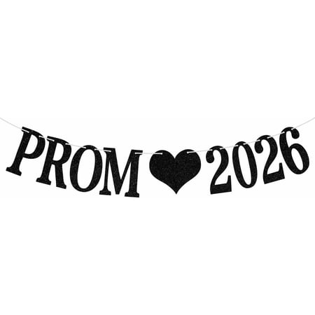 Prom 2026 Banner, Black Glitter, Heart Design, Party Decoration for Prom Night
