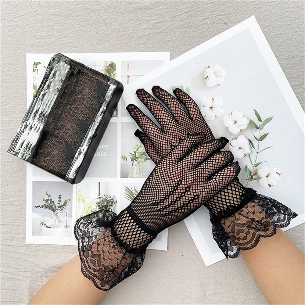 Sexy Lace Long Gloves Ribbon Half-Finger Fishnet Mesh Mittens Arm Elbow  Length