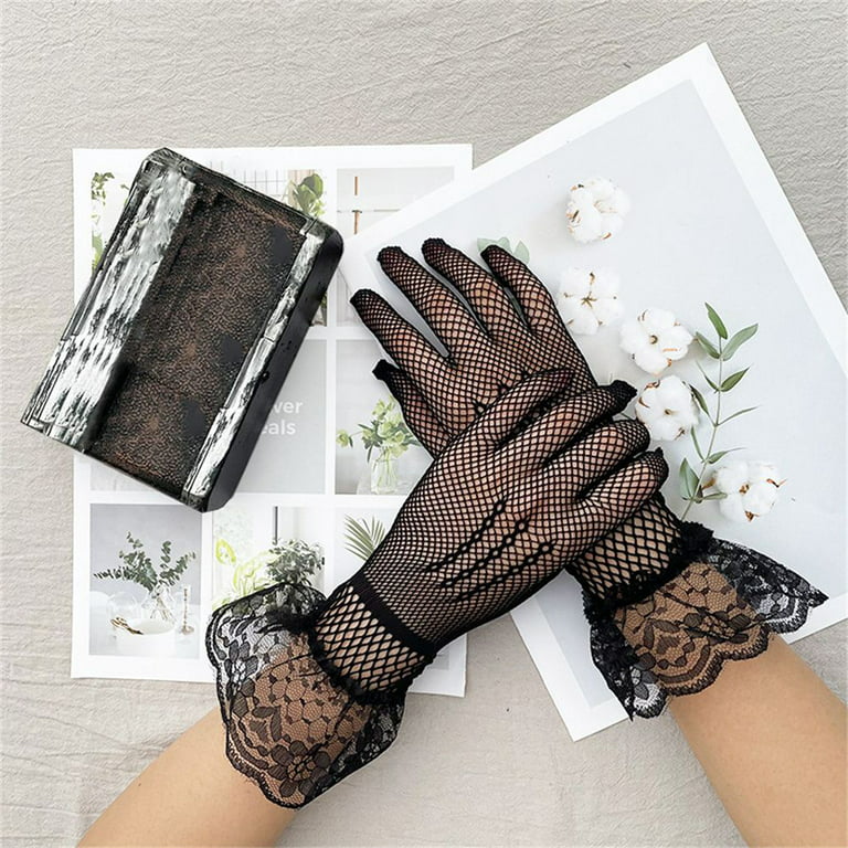 ChengR Prom Costume UV-Proof Driving Hollow Out Sexy Mesh Fishnet Gloves Bride Mittens Full Finger Gloves Lace Gloves Black1, Women's, Size: One Size