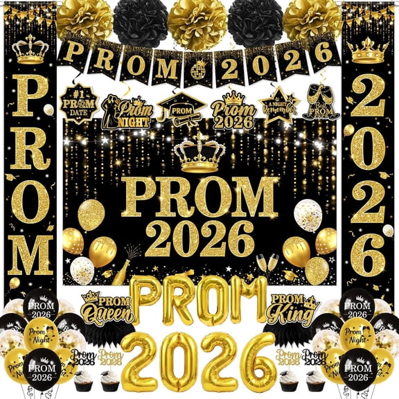 Prom Decorations 2026, includes Prom 2026 Banner Prom Backdrop Gold and Black Balloons Honeycomb Centerpieces Hanging Swirls Porch Sign, Prom Send Off Decorations for Graduation Night Decorations