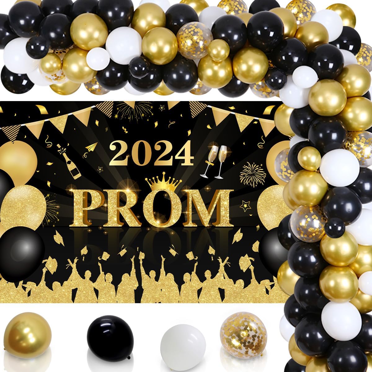 Prom Decorations for Party 2024 Black and Gold Prom Balloon Arch Kit