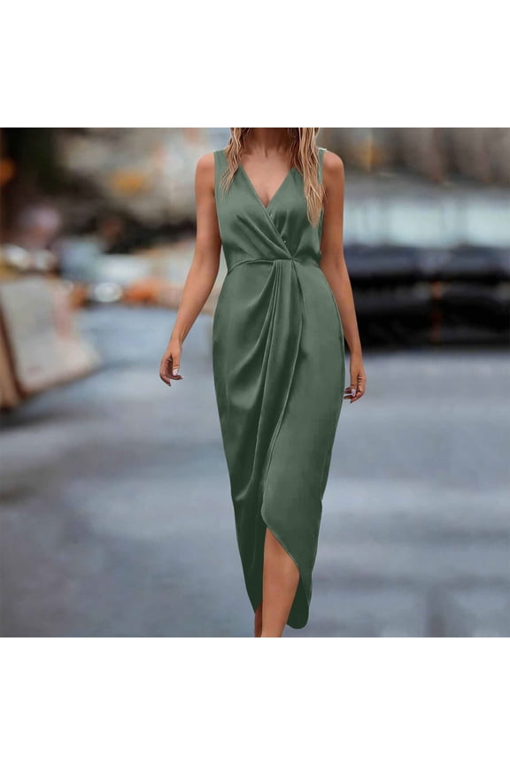 Prom Dress For Women Sevevn Women's Satin Wrap Midi Dress V Neck Sleeveless Ruched Bodycon Cocktail Dress Green 2XL