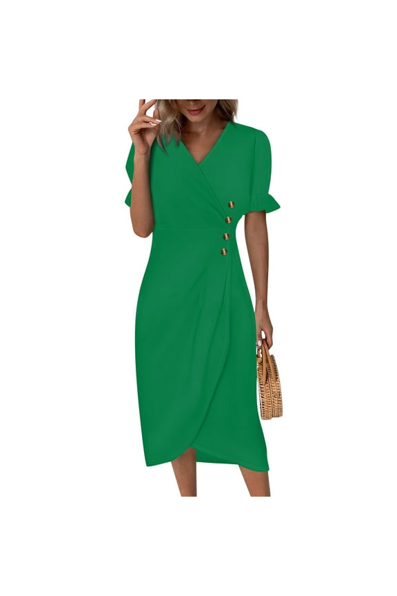 Prom Dress, Formal Women Wedding Guest Elegant Classy Wrap V Neck Dress Blue Boho Dress For Bride Dresses 2025 Crochet Cute Spring Dresses Cotton Ladies Dresses Short Dresses (L, Green) ZMTing