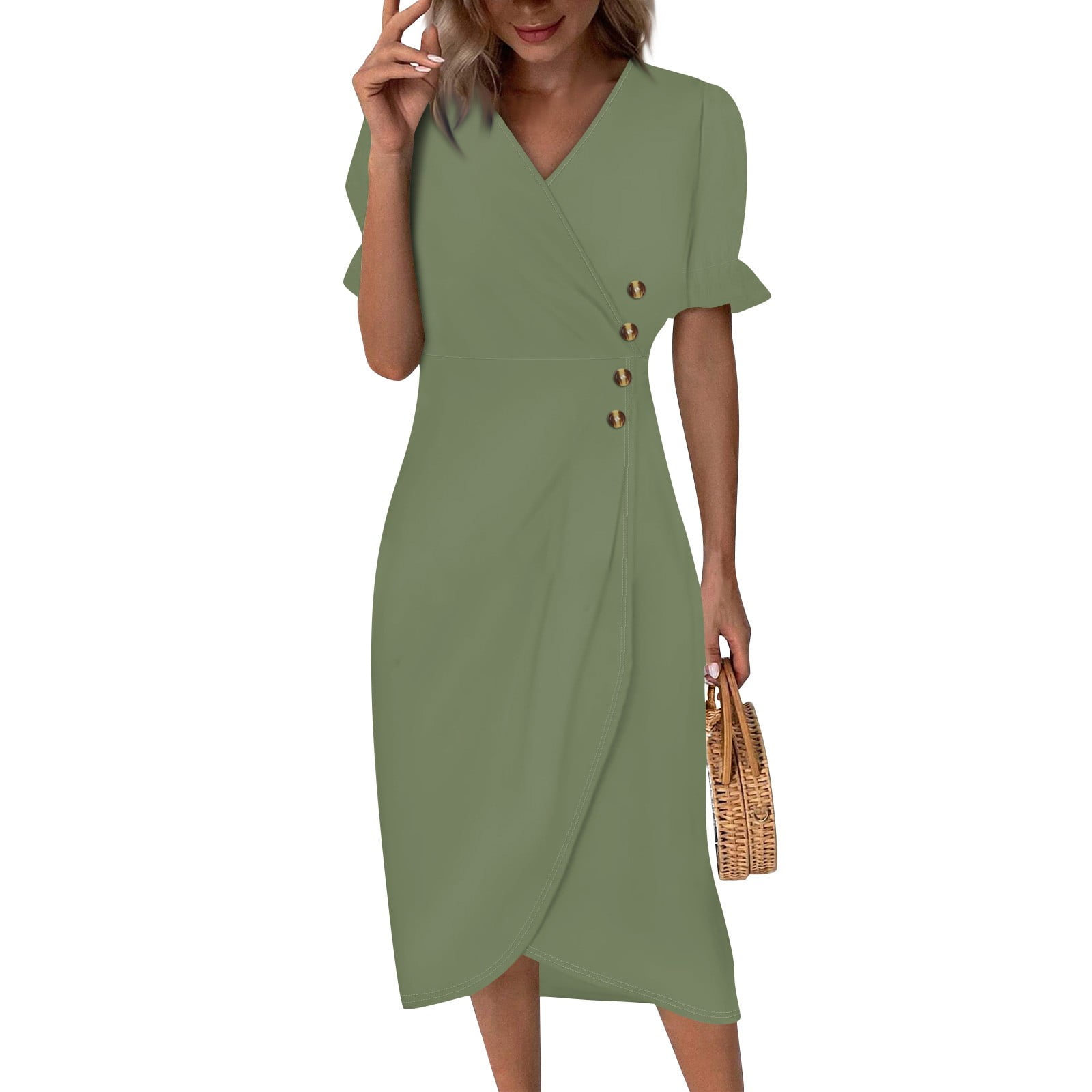 Prom Dress, Formal Women Wedding Guest Elegant Classy Wrap V Neck Dress Cottagecore White Short Dress Spring For Dresses 2024 Casual Dusty Blue Bridesmaid Dresses Work Denim (M, Army Green) ZMTing
