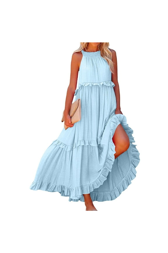 Prom Dress, Halter Sleeveless Flowy Long Beach Wedding Guest Dresses Jumpsuits For Women Dressy Beige Black Formal Dresses Casual 2025 Elegant Dresses Womens Dresses Casual (XL, Sky Blue) ZMTing