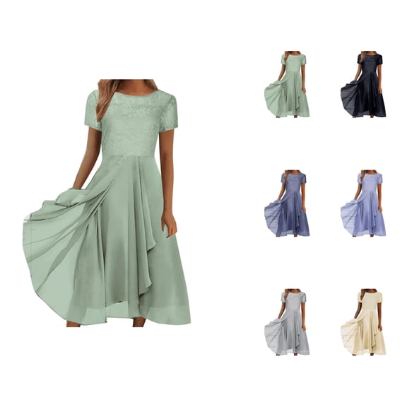 Prom Dress Midi Dresses for Women Fashion Dress Chiffon Patchwork Crew Neck Lace Hollow Skirt Bridesmaid Evening Dress