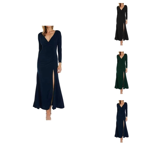 Prom Dress Midi Dresses for Women New Evening Dress form Fitting V Neck With Side Ruffles and Side Slit Long Sleeved Dress
